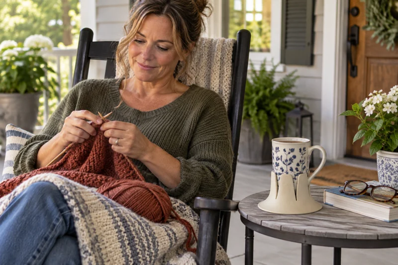 Adult knitting in porch rocking chair paused at rest with open high-handled tea mug in Steadi on stable independent porch side table comfortably reached from rocker. AI illustration.