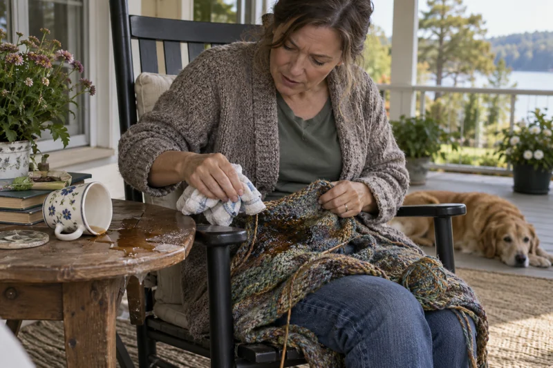 Reaching from chair catches mug on side surface; tea wets yarn and lap throw. AI illustration.